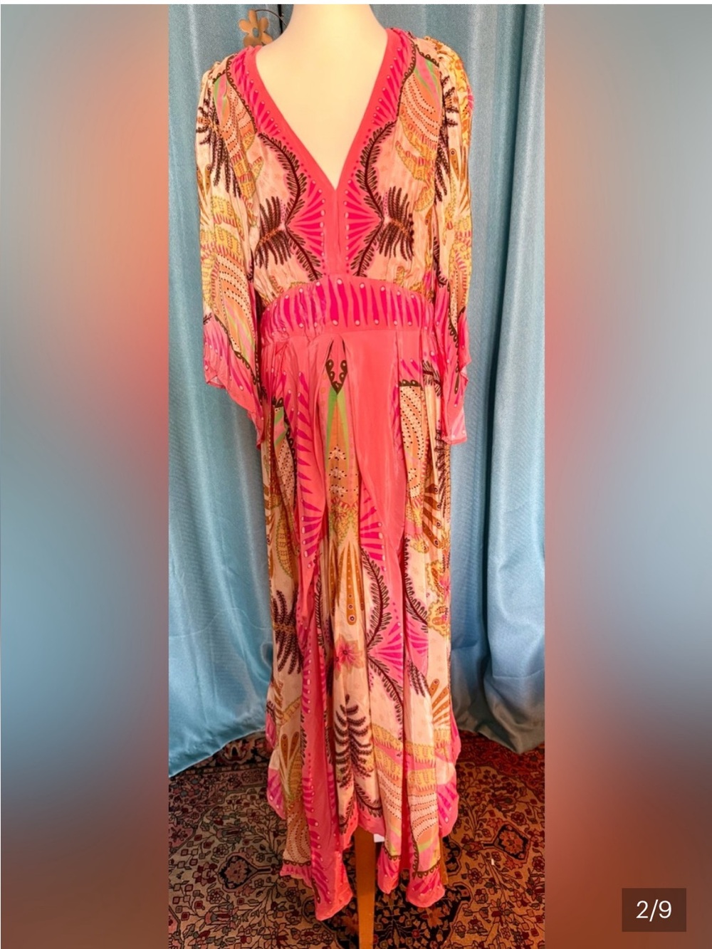 FARM Rio Palm Scarf Sand Coral Pink & Yellow Tropical Print Maxi Dress, NWT, XL - Picture 6 of 11